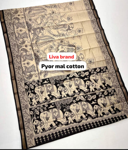 Pure Mal Cotton Kalamkari Saree – Liva Certified Fabric with Elephant & Peacock Print