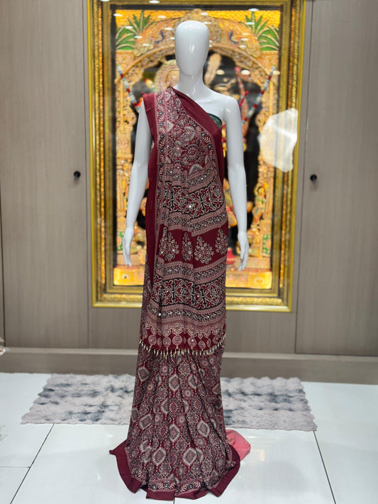 Maroon Premium Crepe Silk Mirror Work Saree with Designer Pallu Border & Tassels | Festive & Party Wear