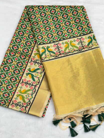 D4 Premium Real Tissue Silk Saree with Patola Kalamkari Design & Golden Zari Patto