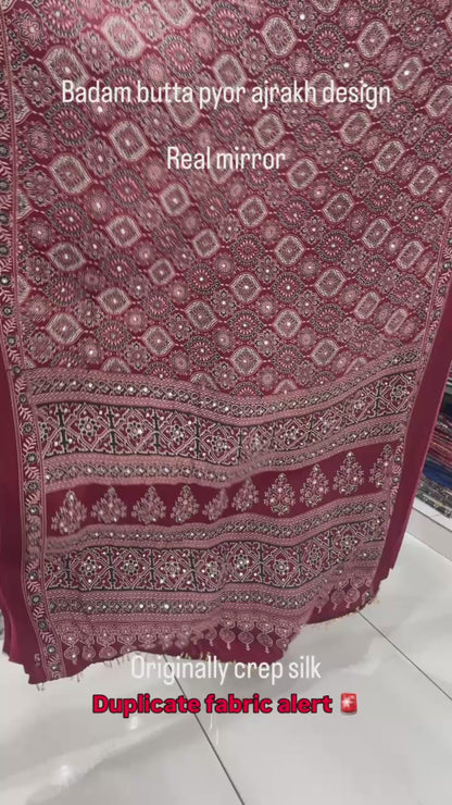 Maroon Premium Crepe Silk Mirror Work Saree with Designer Pallu Border & Tassels | Festive & Party Wear