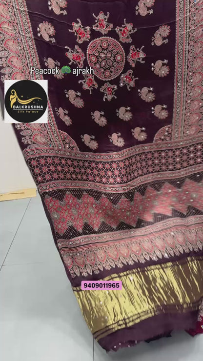 Premium Peacock Motif Ajrakh Hand Block Modal Silk Saree with Real Mirror Work