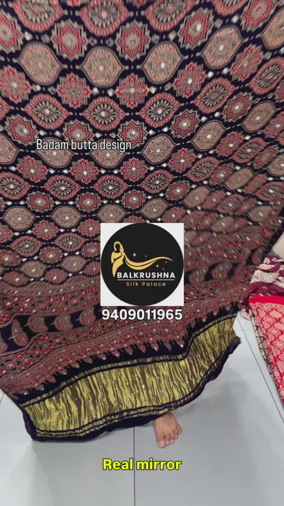 Ajrakh Hand Block Real Mirror Modal Silk Saree With Zari Pallu And Blouse