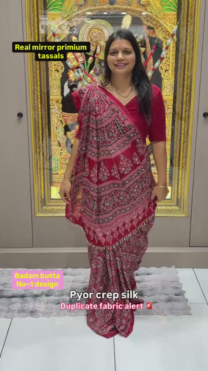 Maroon Premium Crepe Silk Mirror Work Saree with Designer Pallu Border & Tassels | Festive & Party Wear