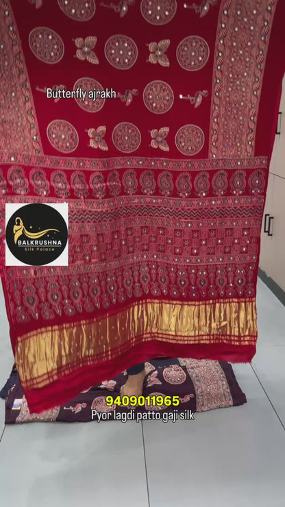 Premium Ajrakh Hand Block Saree – Butterfly & Flamingo Print with Real Mirror Work