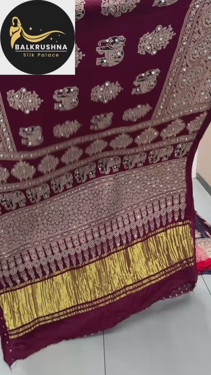 Traditional Ajrakh Printed Saree with Zari Pallu & Elephant Motifs | Mirror Work