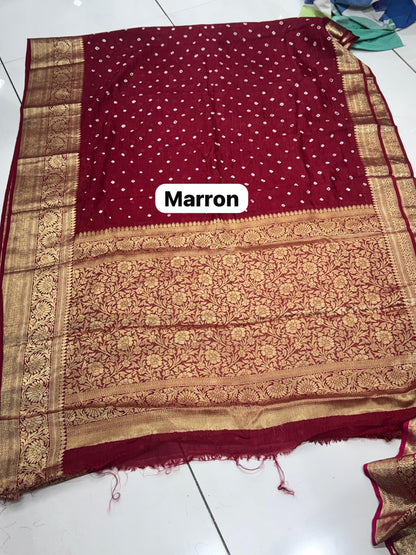Premium Art Silk Hand Bandhej Saree with Kanjivaram Zari Border