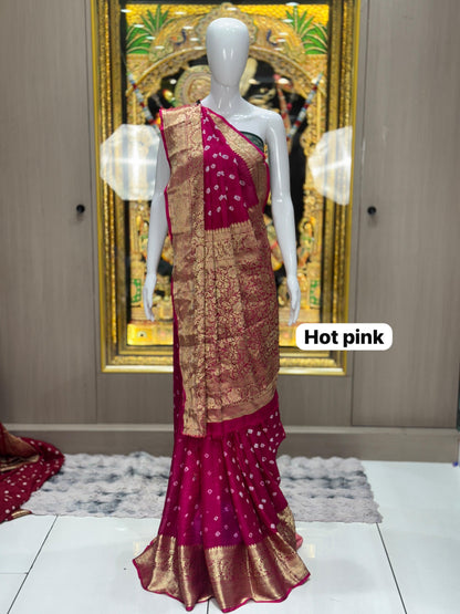 Premium Art Silk Hand Bandhej Saree with Kanjivaram Zari Border