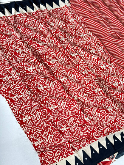 Premium Gaji Modal Silk Saree with Real Mirror Work & Ajrakh Leriya Print Black & Marron