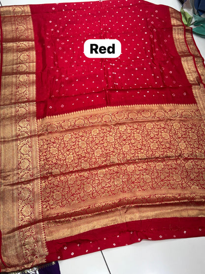 Premium Art Silk Hand Bandhej Saree with Kanjivaram Zari Border