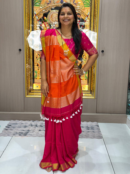 Handloom Khadi Cotton Pink Color Saree and Orrage Palav