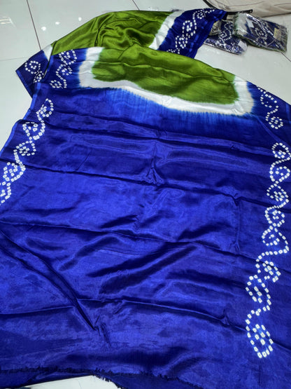 Pure Gaji Silk Hand Bandhej Bandhani Saree with 3 Lagadi Patto & 2D Design | Traditional Designer Saree