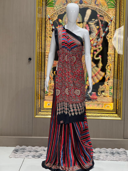 Midnight Crimson Striped Ajrakh Modal Silk Saree | Heritage Fusion
