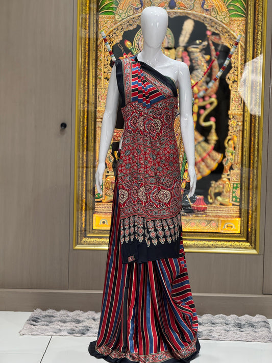 Midnight Crimson Striped Ajrakh Modal Silk Saree | Heritage Fusion