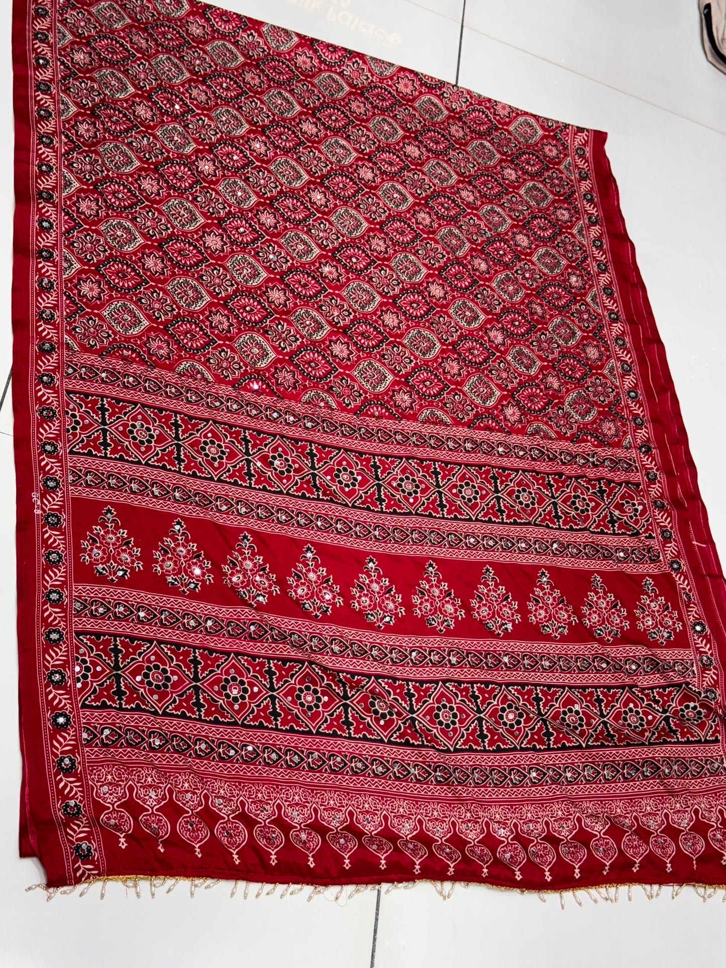 Maroon Premium Crepe Silk Mirror Work Saree with Designer Pallu Border & Tassels | Festive & Party Wear