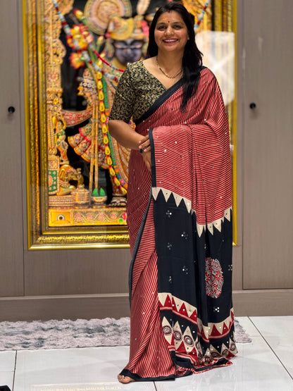 Premium Gaji Modal Silk Saree with Real Mirror Work & Ajrakh Leriya Print Black & Marron
