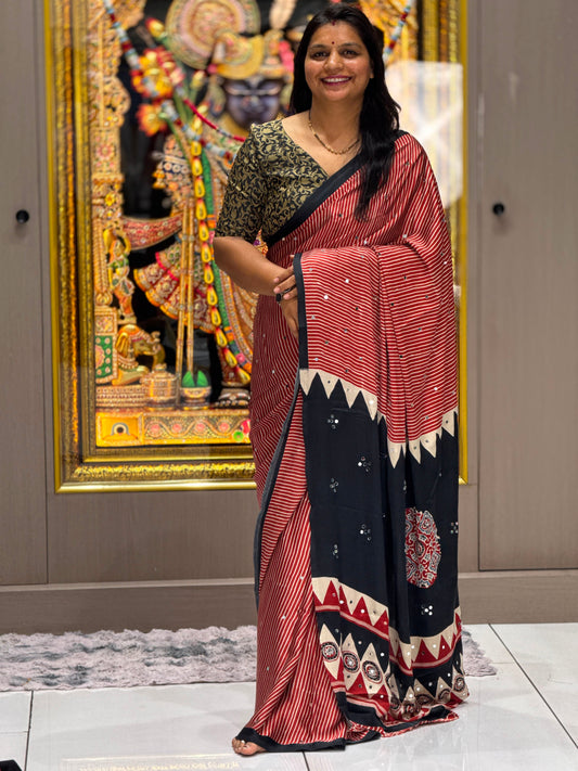 Premium Gaji Modal Silk Saree with Real Mirror Work & Ajrakh Leriya Print Black & Marron