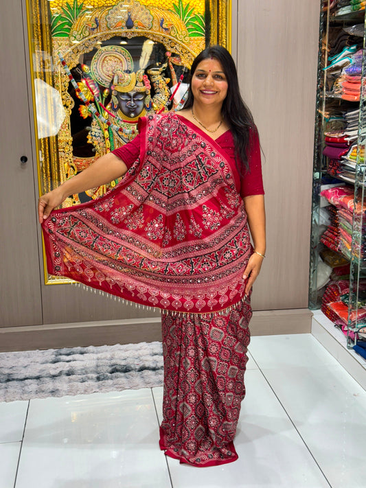 Maroon Premium Crepe Silk Mirror Work Saree with Designer Pallu Border & Tassels | Festive & Party Wear