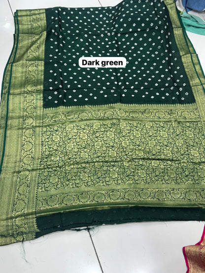 Premium Art Silk Hand Bandhej Saree with Kanjivaram Zari Border