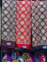 Ajrakh Hand Block Real Mirror Modal Silk Saree With Zari Pallu And Blouse
