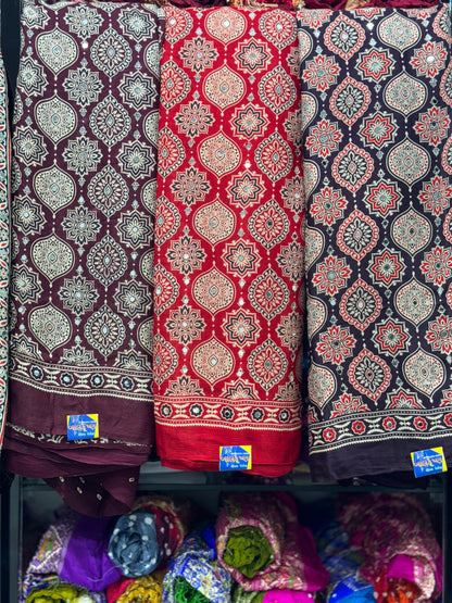 Ajrakh Hand Block Real Mirror Modal Silk Saree With Zari Pallu And Blouse