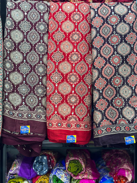Ajrakh Hand Block Real Mirror Modal Silk Saree With Zari Pallu And Blouse